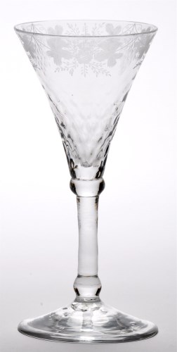 Lot 16 - Engraved 'Newcastle' light baluster wine glass,...
