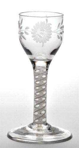 Lot 35 - Engraved opaque twist wine glass, the ovoid...