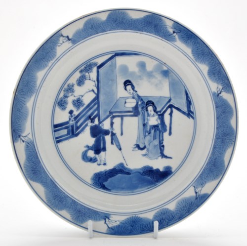 Lot 156 - Chinese blue and white dish, interior painted...