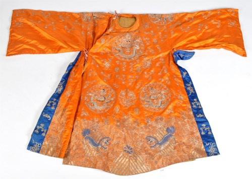Lot 168 - Embroidered metal thread Chinese orange silk...