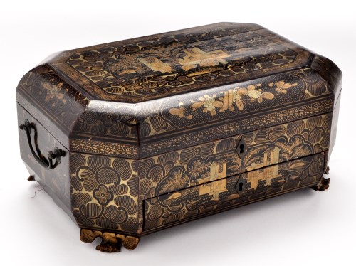Lot 173 - Chinese Canton black lacquer and gilt workbox,...