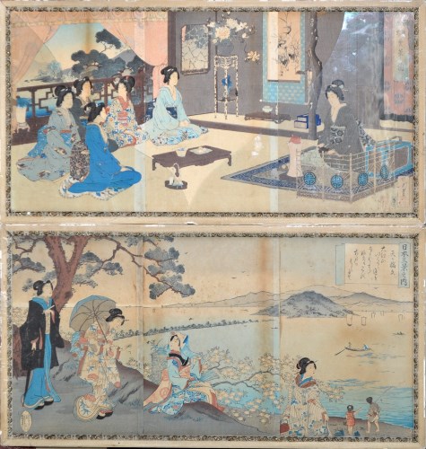 Lot 183 - Pair of Japanese triptych prints, depicting...