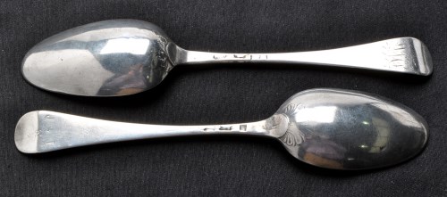 Lot 685 - Two mid 18th Century tablespoons, hallmarks...