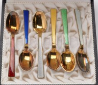 Lot 723 - Six Norwegian enamel and silver gilt coffee...