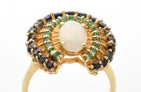 Lot 802 - An opal, emerald and sapphire fan pattern ring,...