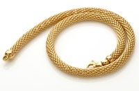 Lot 848 - A 9ct. yellow gold necklace, of snake mesh...