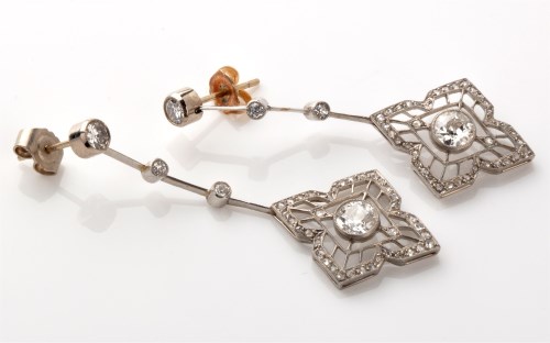 Lot 854 - A pair of Edwardian diamond drop earrings,...