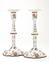 Lot 439 - A pair of English Bilston enamel candlesticks,...