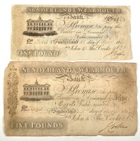 Lot 467 - Two bank notes from Sunderland and Wearmouth...