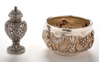 Lot 690 - An Indian white metal sugar bowl decorated...