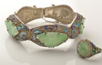 Lot 785 - A Chinese silver enamel and jadeite matching...