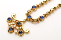 Lot 866 - A yellow metal, diamond and sapphire necklace,...