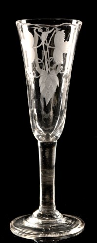 Lot 945 - Engraved ale glass, the round funnel bowl...