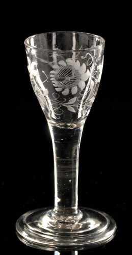 Lot 947 - Engraved plain stem wine glass, the ogee bowl...