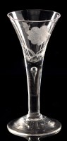 Lot 952 - Engraved drawn plain stem wine glass, the...