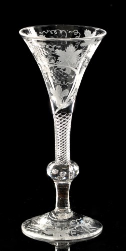 Lot 957 - Engraved composite stem wine glass, the drawn...