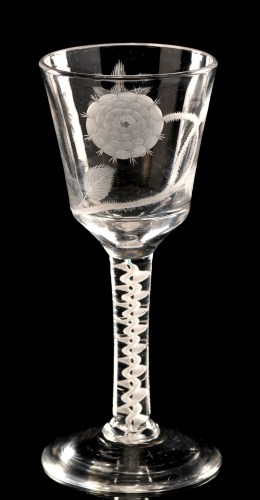 Lot 973 - Engraved 'Jacobite' opaque twist wine glass,...