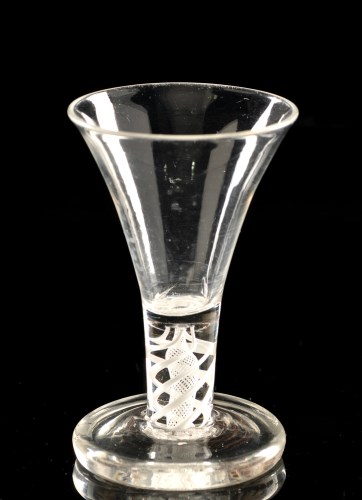 Lot 978 - Opaque twist firing glass, the trumpet bowl...