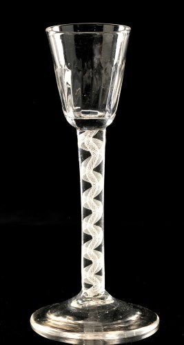 Lot 987 - Rare opaque twist wine glass, the round funnel...