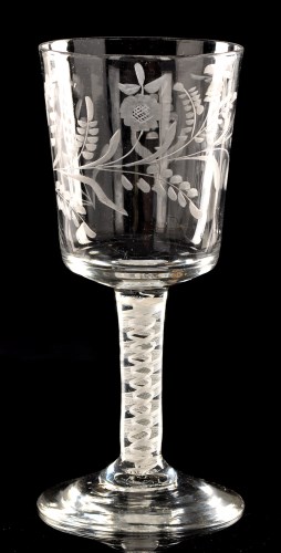 Lot 991 - Engraved opaque twist goblet, the bucket bowl...