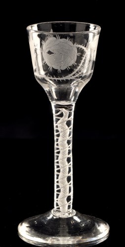 Lot 995 - Engraved 'Jacobite' opaque twist wine glass,...