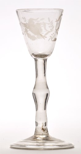 Lot 1032 - Engraved plain stem wine glass, the round...