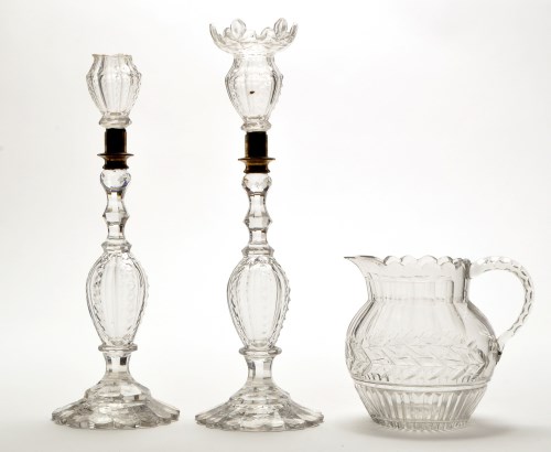 Lot 1040 - Pair of cut glass candlesticks, with gilt...
