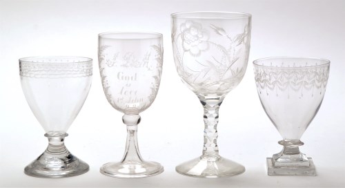 Lot 1041 - Engraved glass rummer, with moulded square...