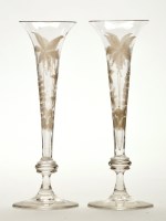 Lot 1046 - Pair of Ratafia glasses, tall flaring trumpet...