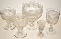 Lot 1050 - Pair of engraved goblets, the ogee bowls with...