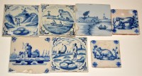 Lot 1078 - Seven Delftware blue and white tiles, painted...