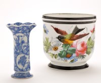 Lot 1164 - Bone China cache pot, painted with bird amidst...