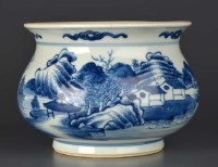 Lot 1010 - A Chinese, blue and white censer, of baluster...