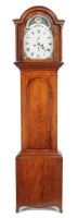 Lot 1202 - An inlaid mahogany longcase clock, the painted...