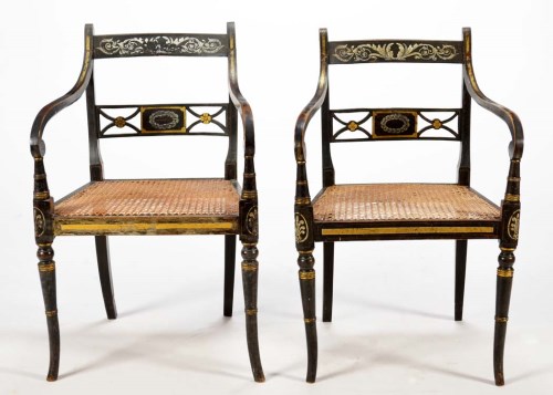 Lot 1345 - A pair of Regency ebonised softwood cane seat...