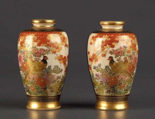 Lot 71 - A pair of Satsuma vases, of baluster form,...