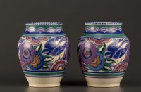 Lot 120 - A pair of Poole ware vases, painted with...