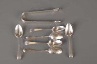 Lot 753 - Six George III teaspoons and a pair of sugar...