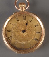 Lot 842 - A yellow metal cased fob watch, the case...