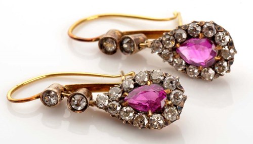 Lot 926 - A pair of ruby and diamond earrings, c.1880,...