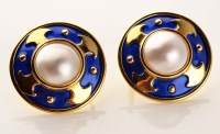 Lot 927 - A pair of cultured pearl and enamel earrings,...