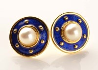 Lot 928 - A pair of enamel and cultured pearl earrings,...