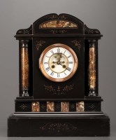 Lot 1251 - A black slate and marble mantel clock, the...