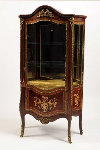 Lot 1318 - A pair of French style inlaid vitrine cabinets,...