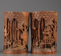 Lot 439 - A pair of carved bamboo Bitong, early 20th...