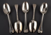 Lot 852 - Five George II table spoons, by John Steven,...