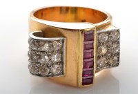 Lot 1067 - A diamond, gold and ruby ring, c.1950, of...