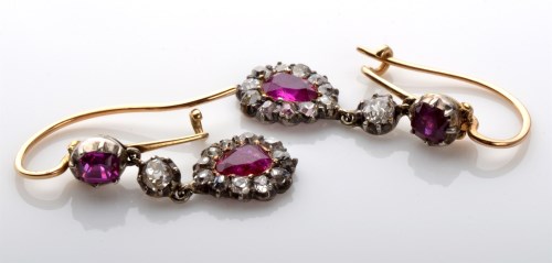 Lot 1086 - A pair of ruby and diamond earrings, c.1890,...