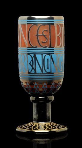 Lot 390 - An engraved goblet, apricot/blue glass with...