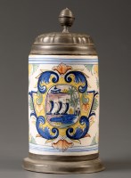 Lot 442 - A German faience, pewter mounted stein, late...